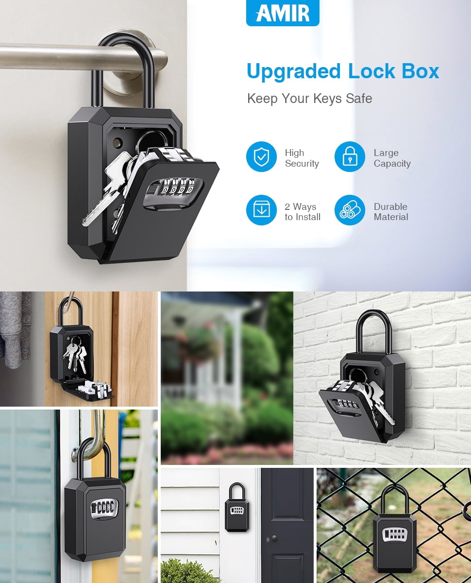 AMIR Secure Padlock Key Lock Box, Wall Mounted 4-Digit Combination