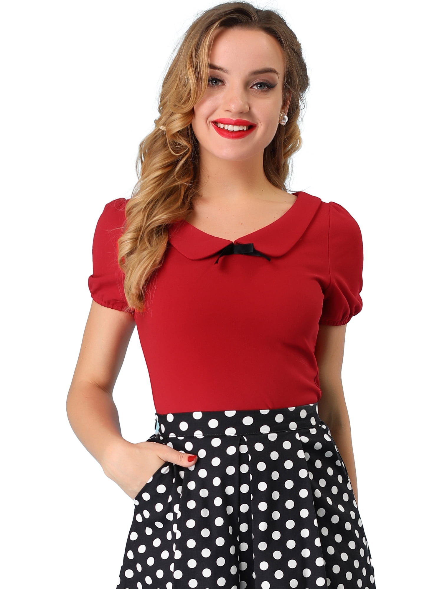 DARING DIVA Flat Collar Elastic Cuff Bow Decor Blouse L Red