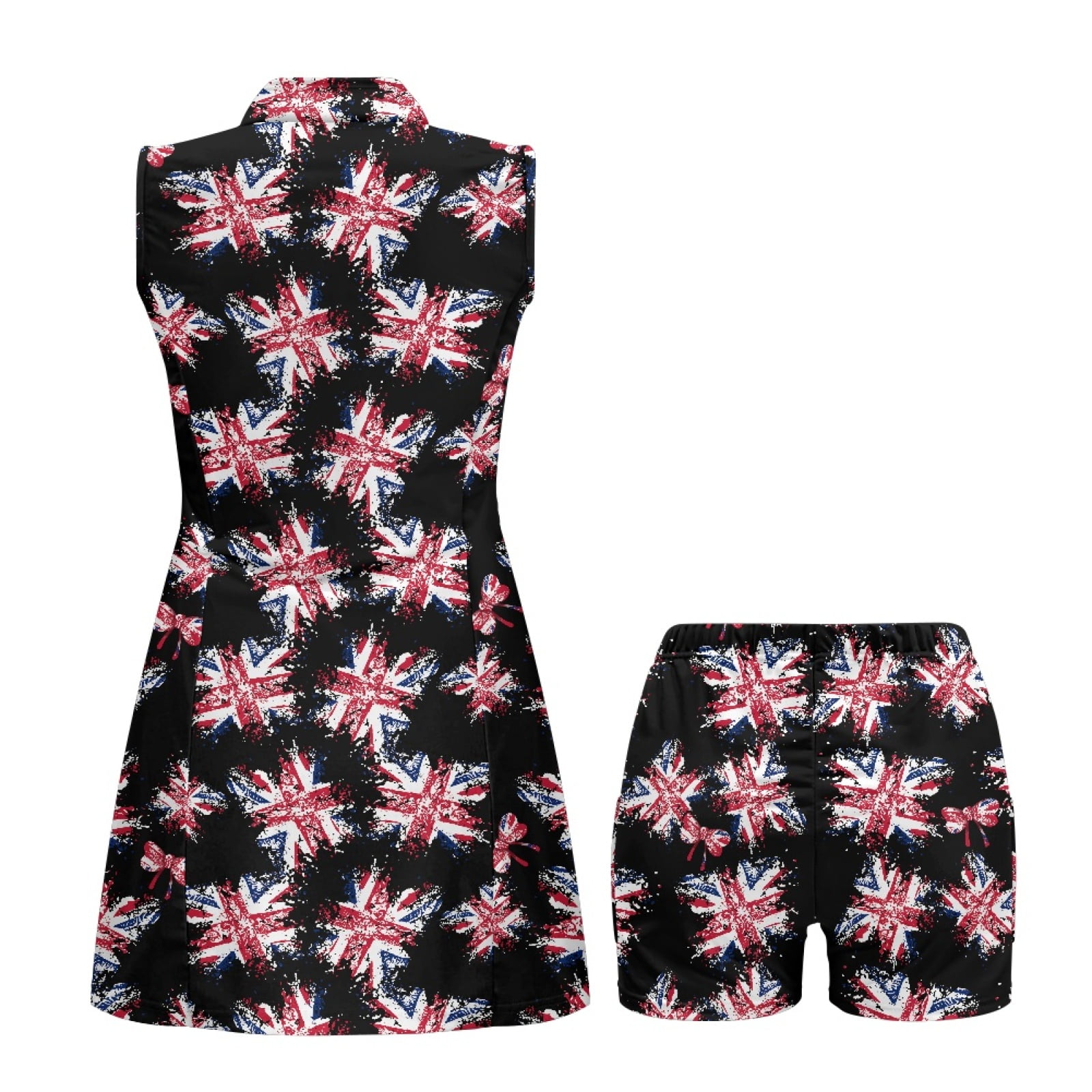 COEQINE American Flag Black Print Tennis Dress for Women Sleeveless Lightweight Workout Athletic Dresses with Built in Shorts and Pockets Stand Collar Zip Up Golf Outfits with 2 Pieces, L