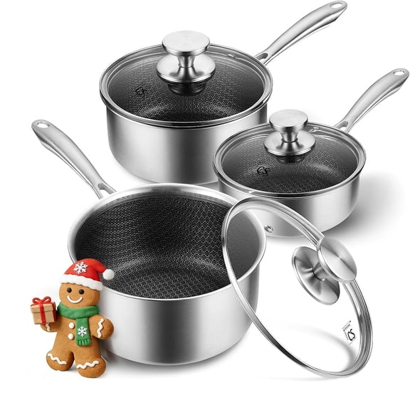 Koch Systeme CS 1QT & 2QT & 3QT Hybrid Nonstick Stainless Steel Saucepan Set, 6-Piece Stainless Steel Saucepan Set, Induction Ready, Oven Safe