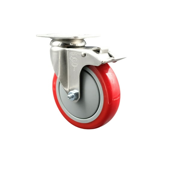 5 Inch 316SS Red Polyurethane Swivel Top Plate Caster with Total Lock Brake