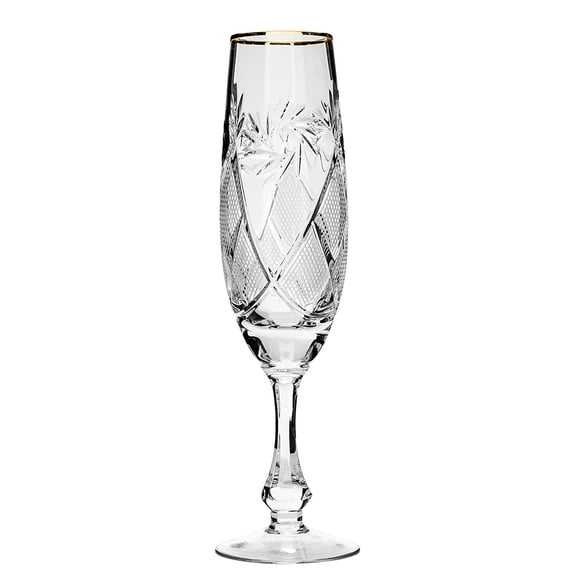 Elegant and Modern Russian Cut Crystal Glassware for Hosting Parties and Events - 6 oz Flute Glass Gold Rim, Set of 6