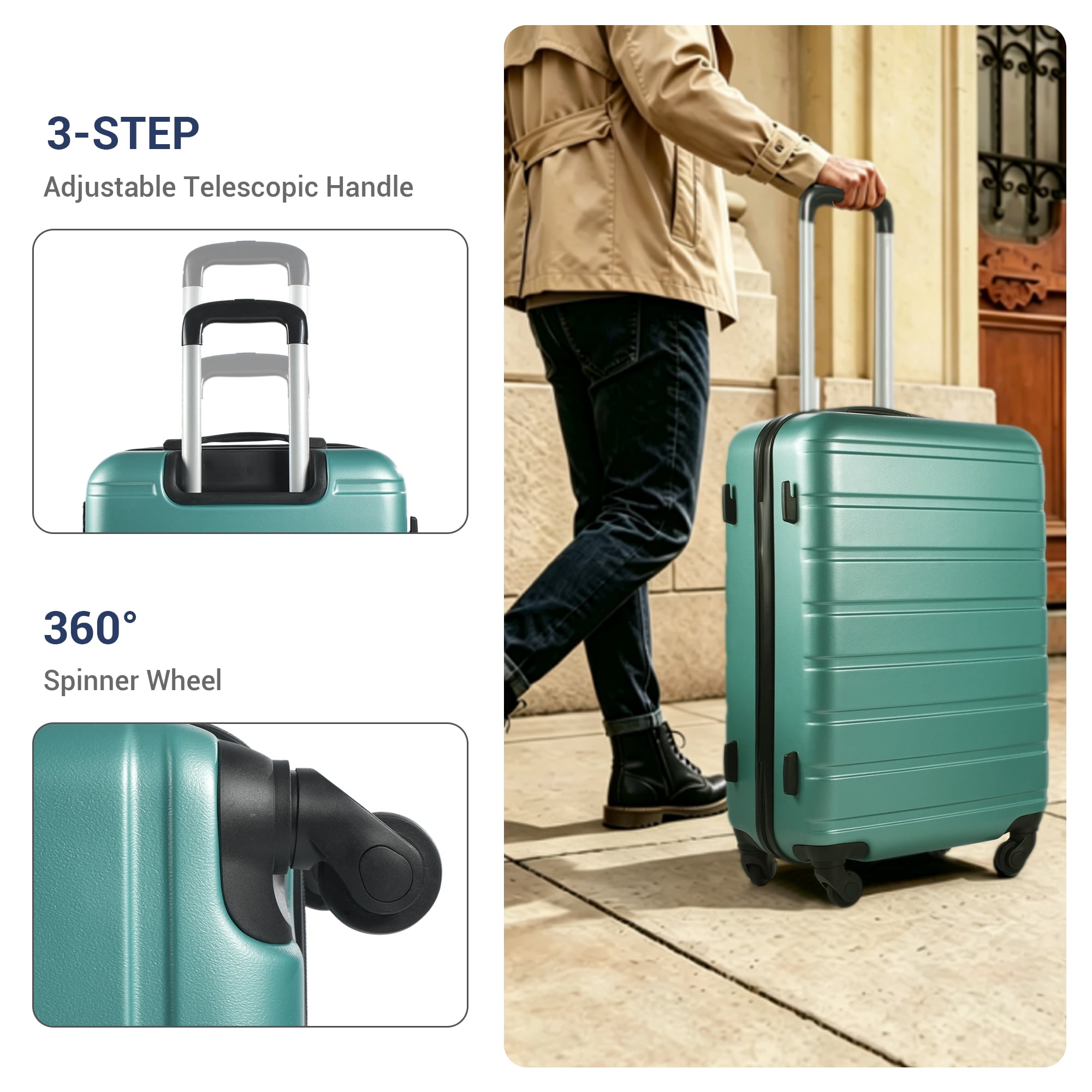 NiceTravel Luggage Set (20/24/28 inch),Hard-shell suitcase with Cup Holder(20"), Combination Locks & 360° Spinner Wheels, Green