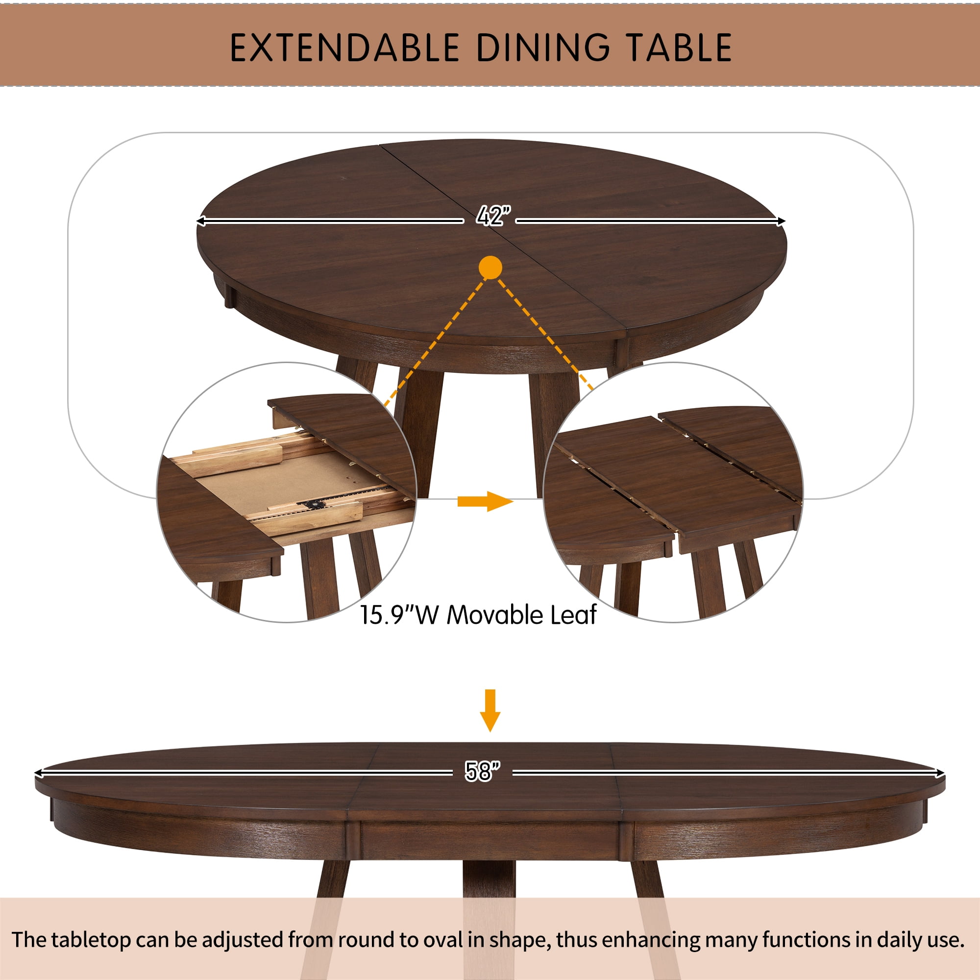 5-Piece Dining Table Set for 5, 42"-58" Extendable Round Dining Table with 4 Upholstered Chairs