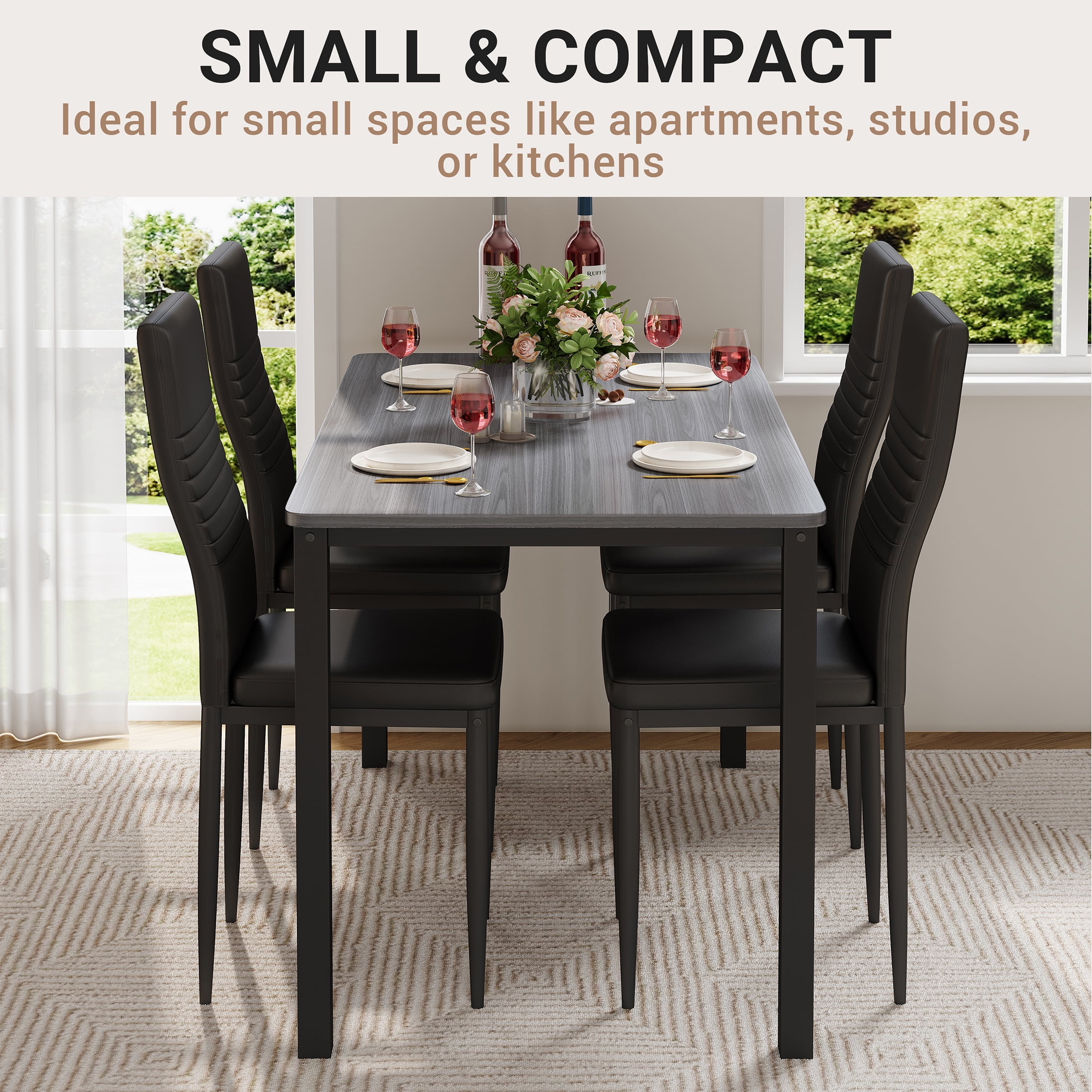 PORKISS 5 Piece Dining Set, Dining Table and Chairs Set for 4, Rectangle Kitchen Dining Table Set with 4 Upholstered Chairs, for Small Space, Breakfast Nook, Gray