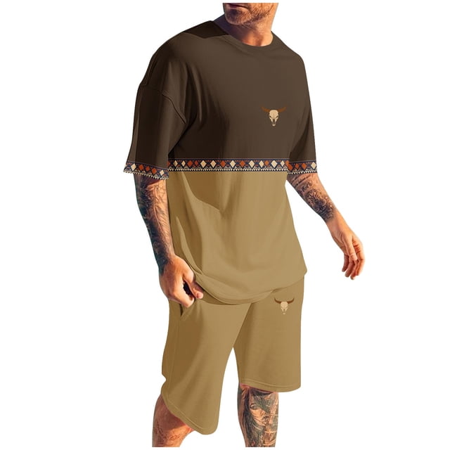 Pantalones Elásticos de la Cintura de los Hombres de la Impresión de los Pantalones Cortos Delgados Deportivos, Cuello Redondo de la Blusa de Manga Corta