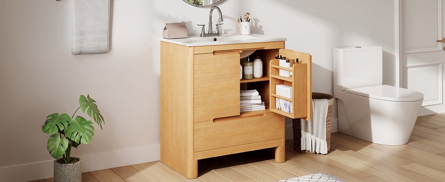 LiviNest 30" Bathroom Vanity for Small Space: 5 Storage Zones & 110lb Top - Soft-Close Doors & Drawer - Adjustable Shelf & Ceramic Sink All-in-One Package