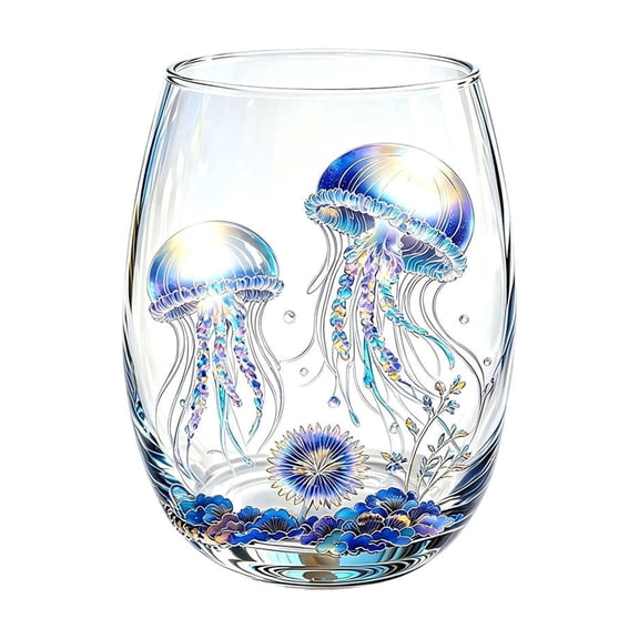 ICQOVD Artisanal Jellyfish Stemless Glass,Handcrafted Marine Animal Drinkware for Wine and Beverages,Coastal Home Decor,Ocean themed Entertaining and Gifts 3.35*4.21IN