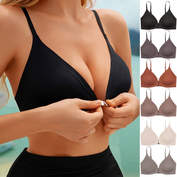 Gymayou Women Front Clasp Wireless Bra Deep V Thin Adjustable Spaghetti Strap Seamless Bralette Light Thin Summer Bras Beige L