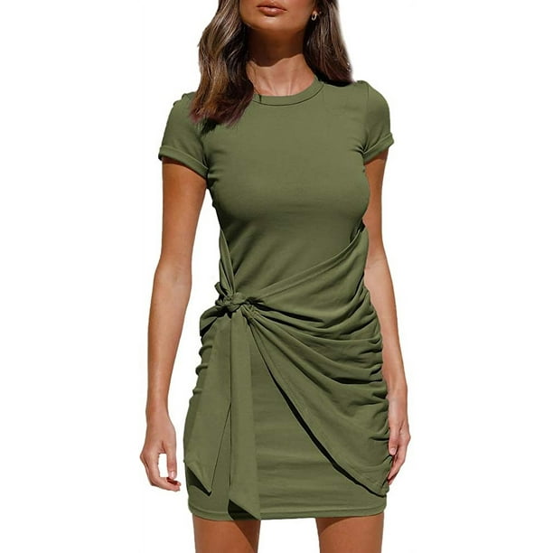 Vestido de camiseta para mujer, informal, de manga larga, con lazo en la cintura, cuello redondo, ajustado, fruncido, elástico, con nudo, Color sólido, suelto, Mini vestido sin mangas Adepaton WMZL-907-12