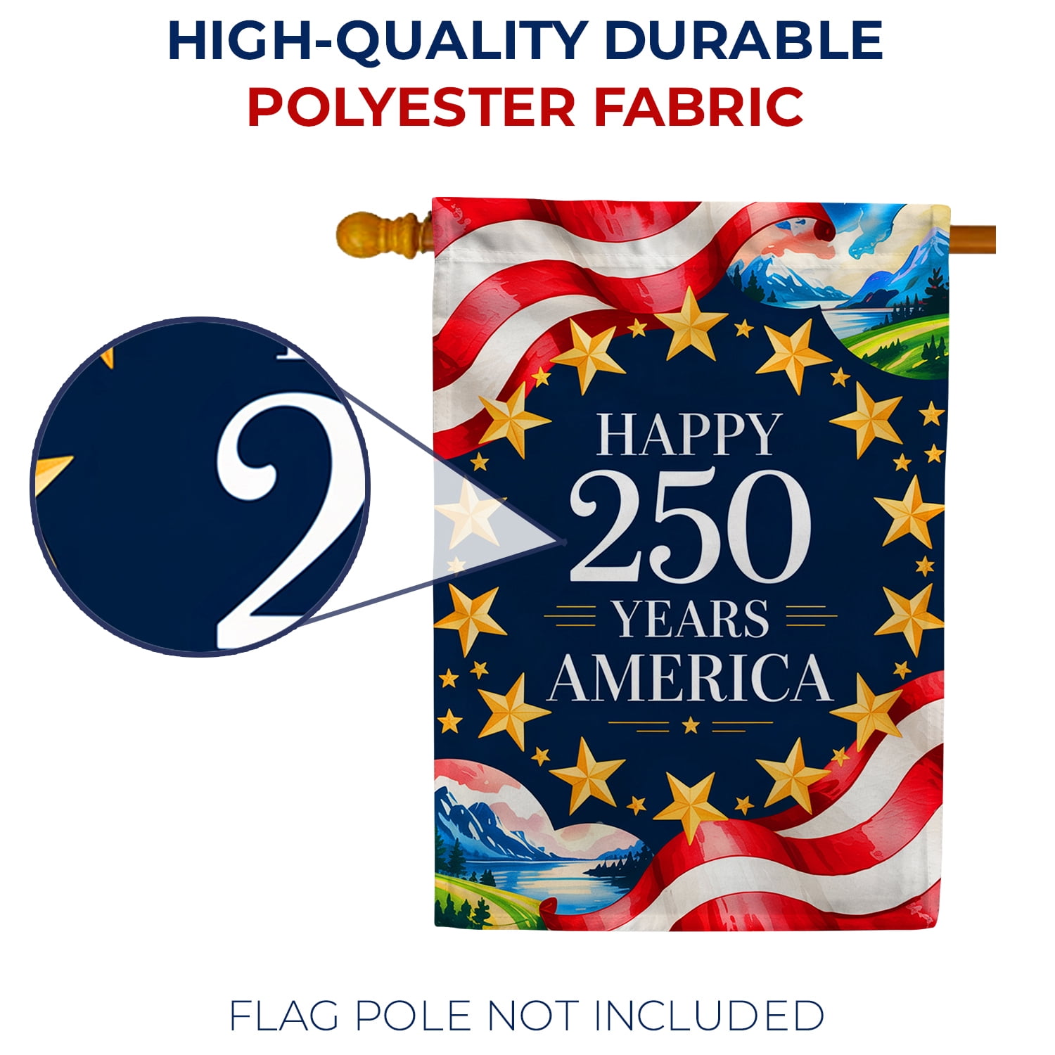 America Forever Happy 250 Years America House Flag, 28 x 40 inch Double Sided, Mountain Landscape Flag, USA Semiquincentennial, Patriotic 250th Anniversary Celebration