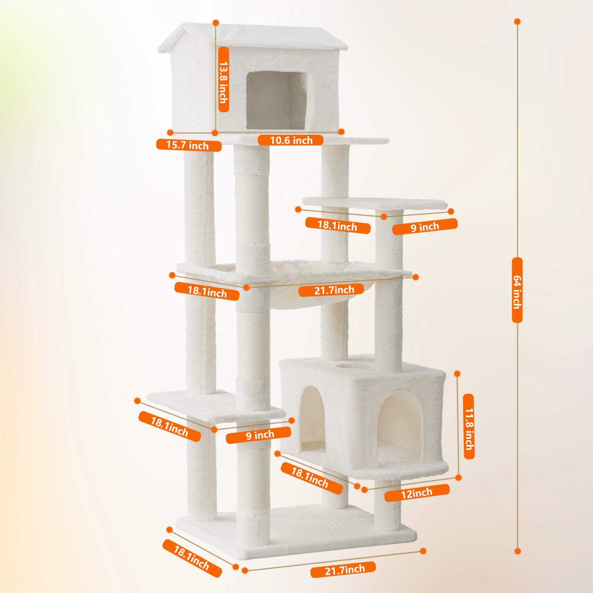 Jopath Multilevel Cat Tree Beige Multi-Level Cat Tree with Unique Cat House, Hammock, Scratching Posts - Plush Cat Tower for Indoor Cats, Ideal for Multiple Cats 64in