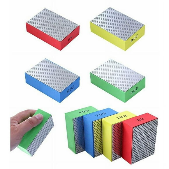 4pcs Diamond Hand Polishing Pads, Sanding Blocks for Stone, Ceramic, Tile, Glass, 4 Roughness Levels - 60, 100, 200, 400 (Silver Side)