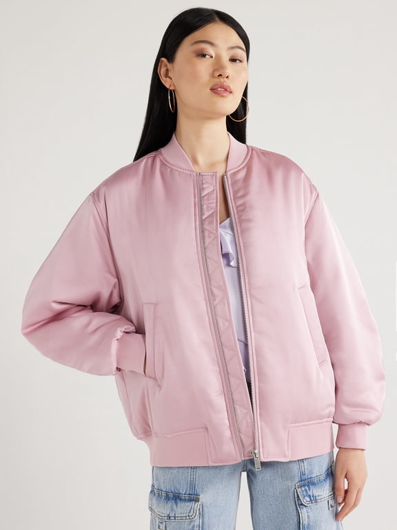 Women's Oversized Satin Bomber Jacket with Rouched Sleeves, Sizes XS-XXL