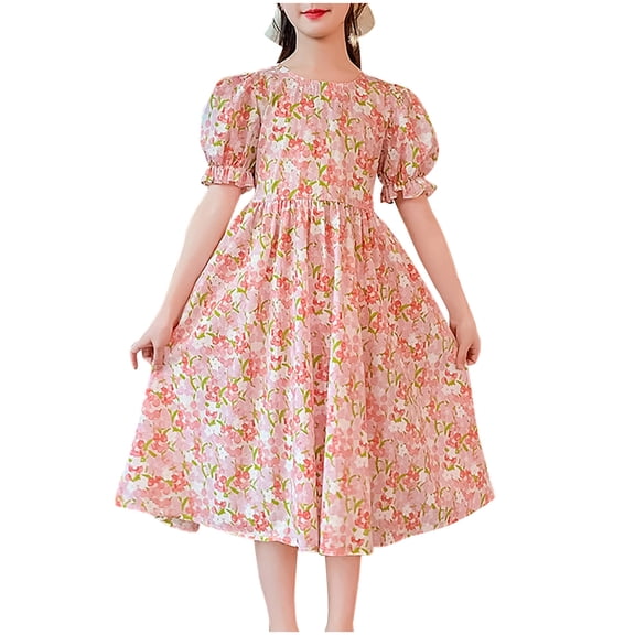Hrsba Casual Dress for Girls,8-14 Years Girls' Floral Sleeves French Oil Painting Style Short Sleeved Round Neck Dress,Kids Summer Dress,Pink ,140