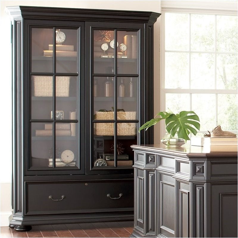Beaumont Lane Sliding Door Bookcase In Rubbed Black Walmart Com