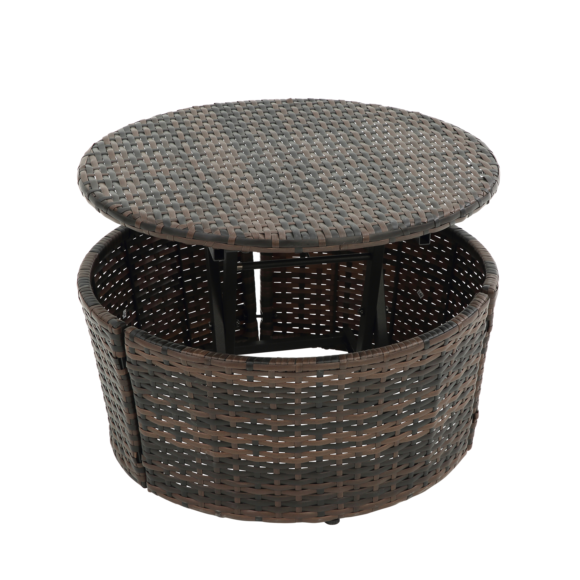 Rattan Round Outdoor Canopy Bed with Lift Coffee Table, Clamshell Sectional Daybed for Patio and Garden, Beige