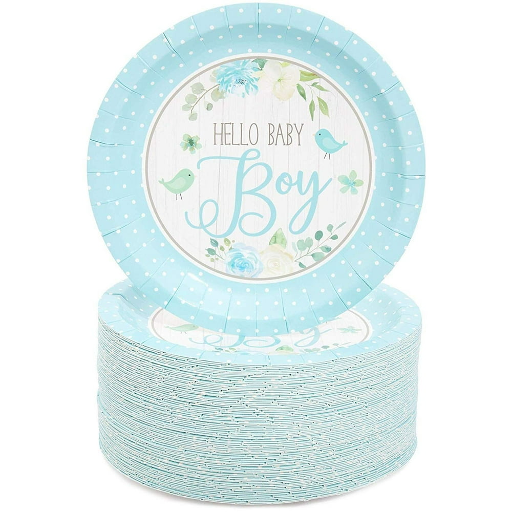 80 Packs Hello Baby Boy Disposable Paper Plates 7" for Baby Shower Cake