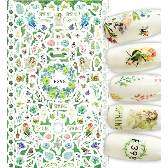Think Spring nail art stickers showing fairys birds snail flowers greens