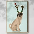 thumbnail image 2 of Christmas Pug with Antlers and Robin - Framed Gallery Wrapped Holiday Canvas - 25 x 37 - Natural Wood Frame, 2 of 8