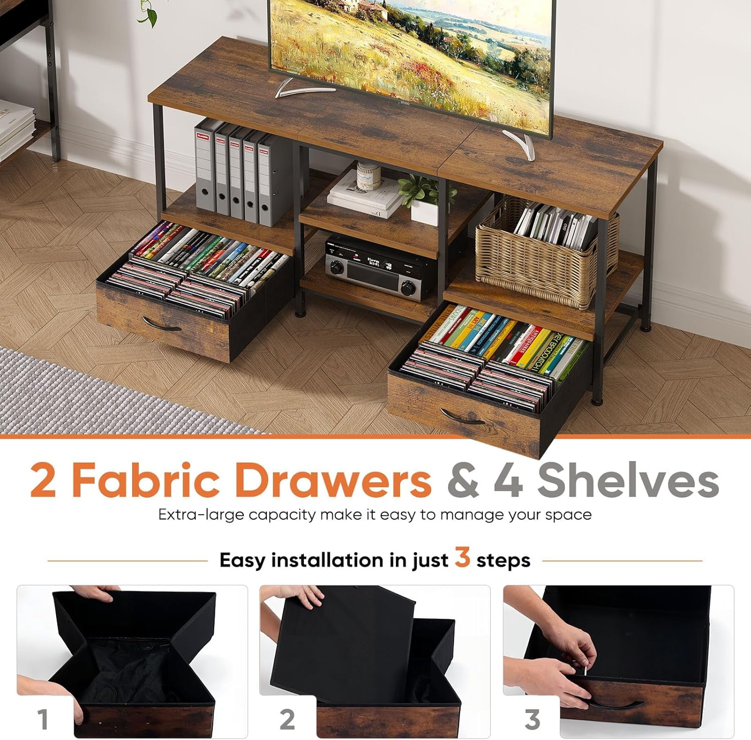 Beddle Modern 63-inch TV Stand for 60 75 inch TV, Mid Century Entertainment Centre, Media Console Table with Storage for Living Room, Office, Brown