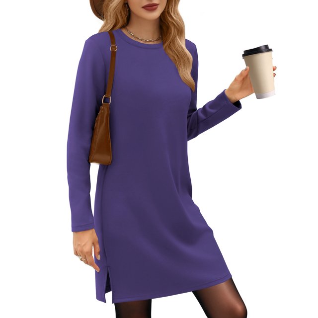 UVN Vestidos para Mujer Otoño Invierno Manga Larga Cuello Redondo Casual Jersey Sudadera Vestido con Abertura Lateral
