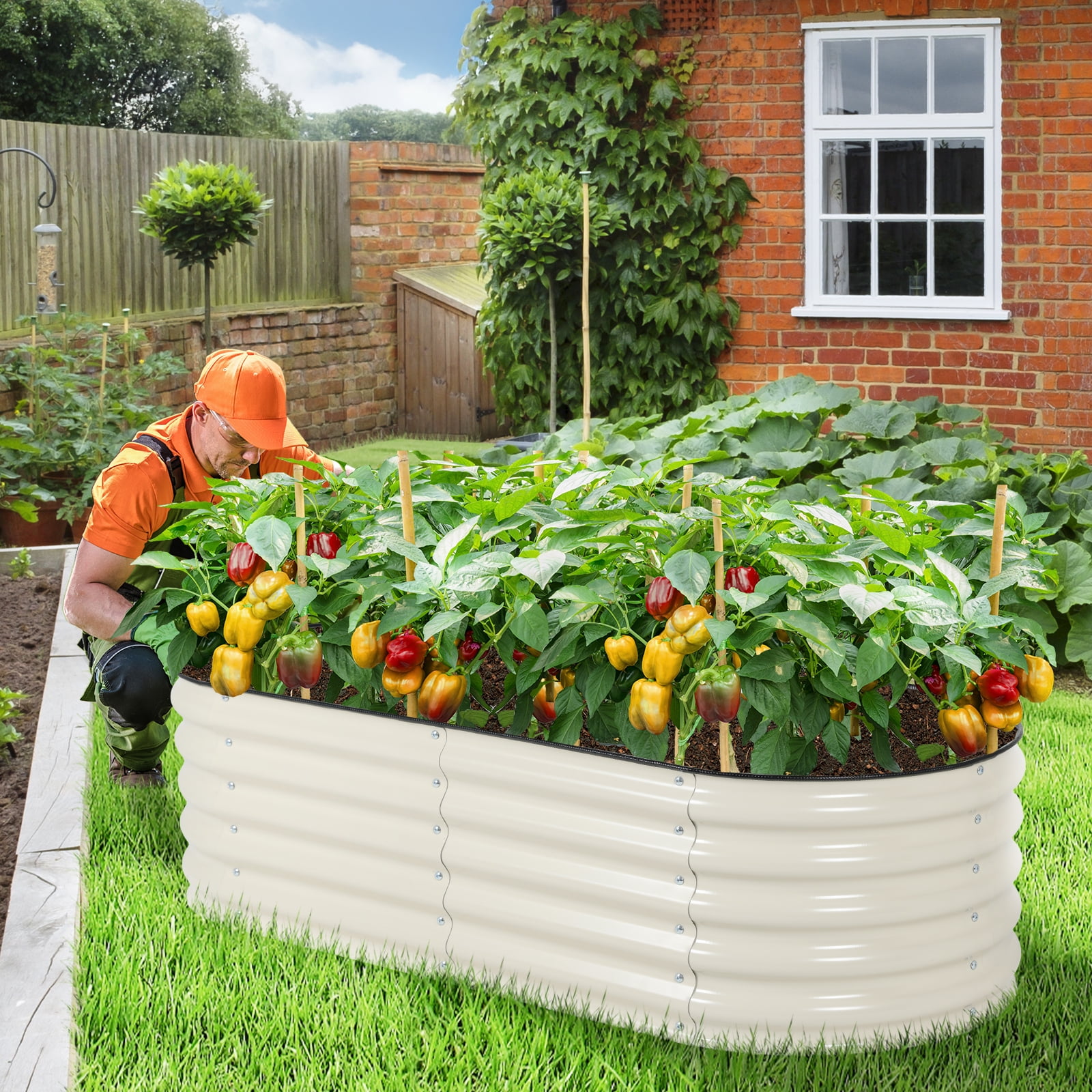 Aoodor 4-in-1 Modular Metal Raised Garden Bed, 60"L x 24"W x 17"H Outdoor Planter Box for Vegetables, Flowers, Herbs, Beige