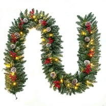 9ft Pre-Lit Christmas Garland with 50 Waterproof LED Light and Pine Cones and Berries, 220 Branches Battery Operated Christmas Garland Decoration for Xmas Holiday Party