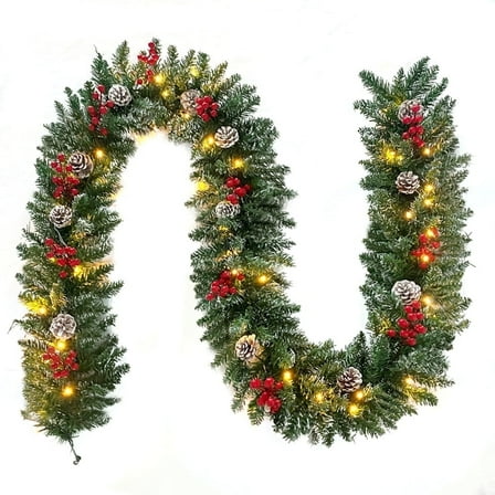 9ft Pre-Lit Christmas Garland with 50 Waterproof LED Light and Pine Cones and Berries, 220 Branches Battery Operated Christmas Garland Decoration for Xmas Holiday Party