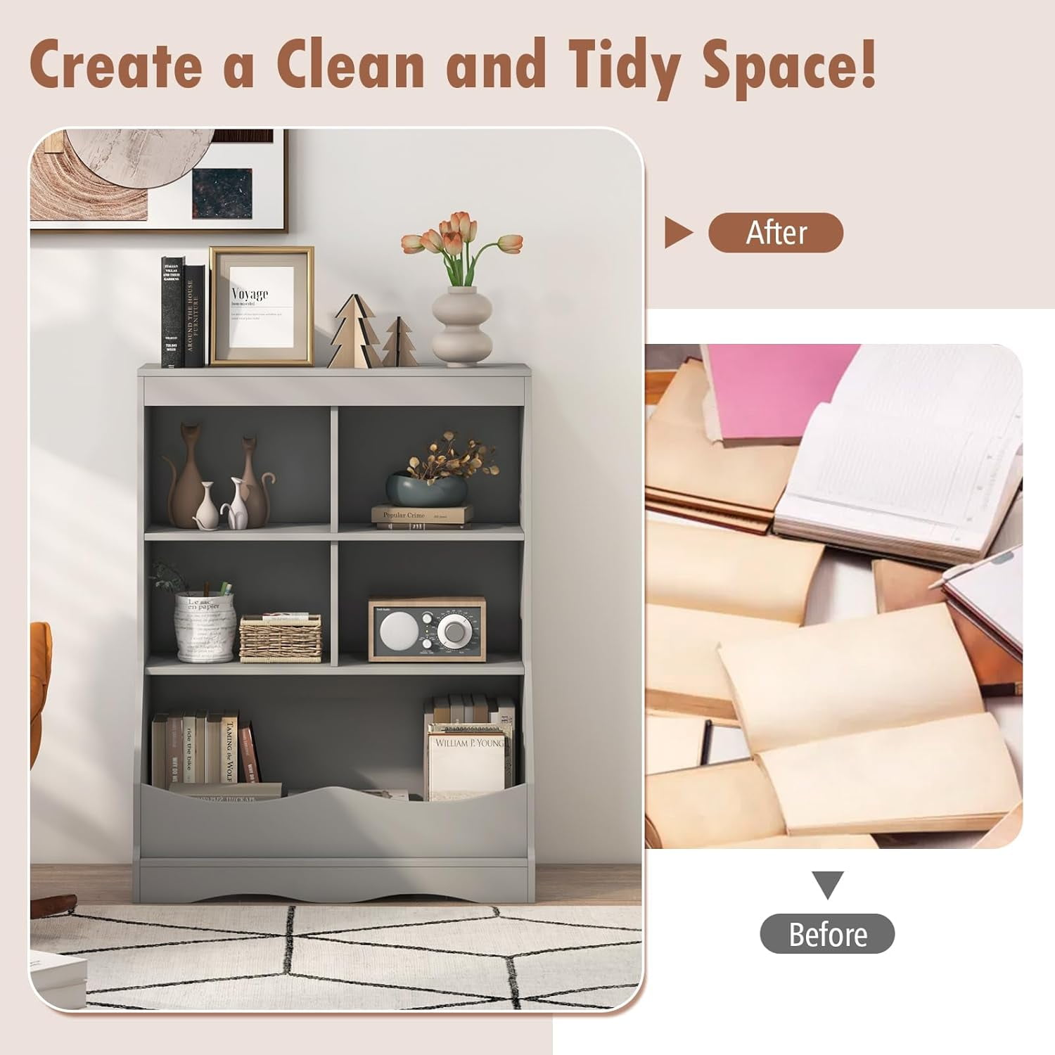 LINJH Storage Cabinet, Small Bookshelf, Short Bookcase with 4 Open Cube & Bottom Compartment, Anti-Tipping Device, Foot Pads, Cubby Storage Organizer for Study, Living Room-Grey