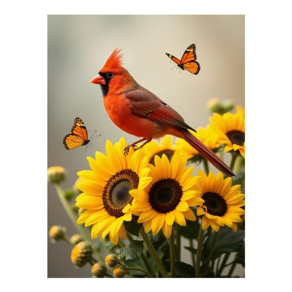 Diamond Art Kit for Adults, Cardinal Sunflowers Butterflies Diamond Painting for Adults Beginners, DIY Diamond Art Painting Kits, 5D Diamond Painting Crafts for Home Decor 12x16 Frameless
