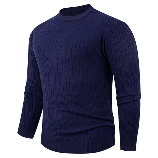 RXMEKW Elastic Knit Sweater for Men, Solid Color Round-Neck Long Sleeve Pullover, Polyester, Black L
