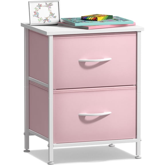 Nightstand with 2 Drawers - Kids Bedside Furniture End Table Night Stand - Steel Frame, Wood Top & Easy Pull Fabric Bins - Dresser & Chest for Home, Bedroom Accessories, Office & College Dorm