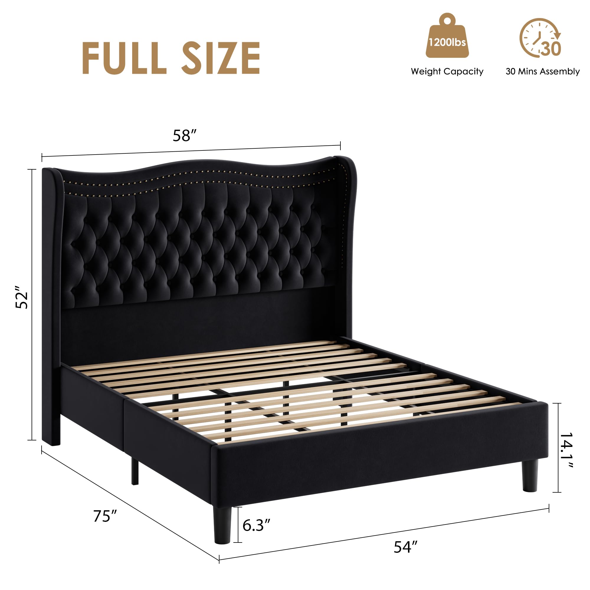 Miniyam Full Size Wingback Bed with 52" Velvet Upholstered Headboard, Nailhead Trim, Sturdy Wood Slats for Adults, Black