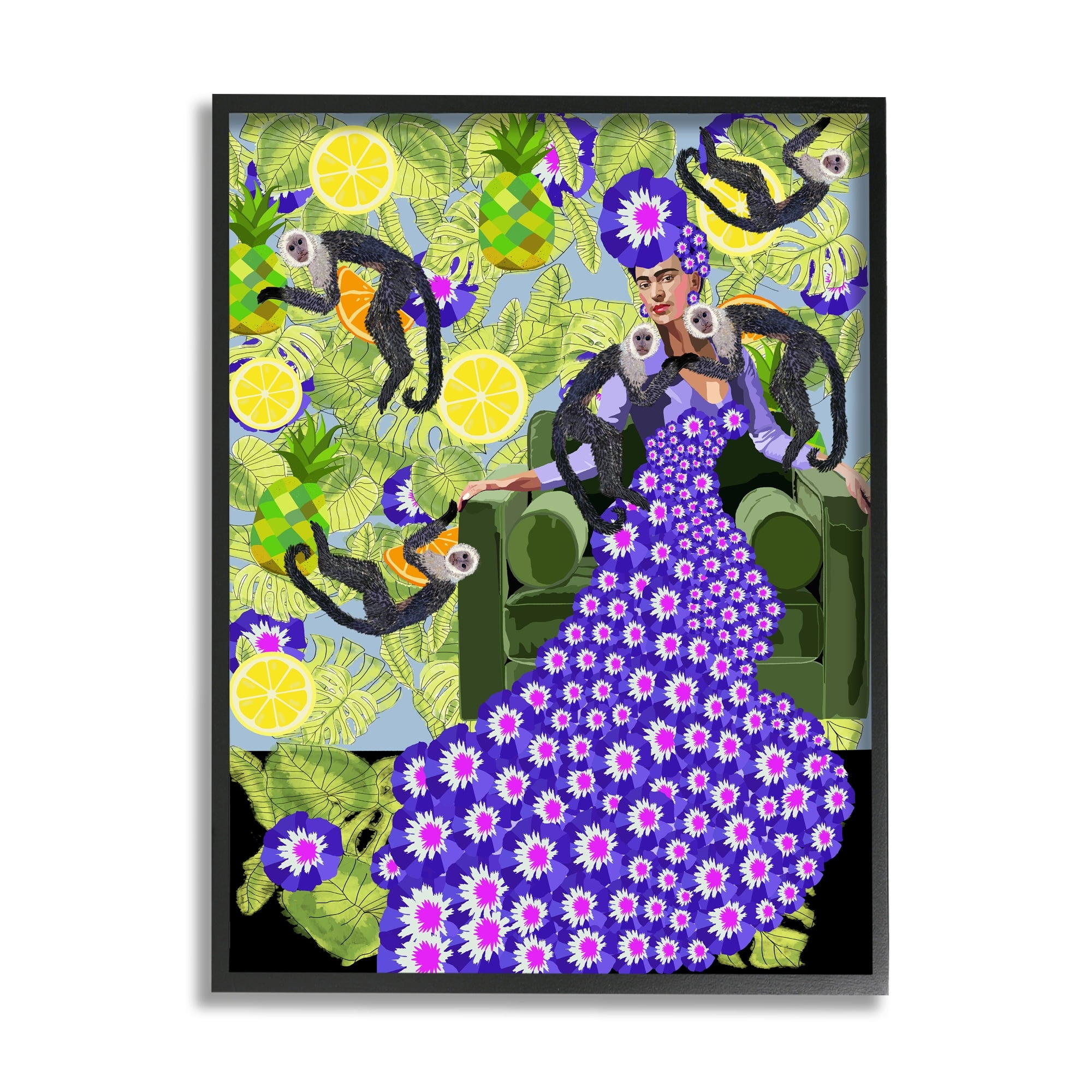 Stupell Industries Abstract Dress Frida Fashion Flower Pattern Botanical Monkeys Graphic Art Gray Framed Art Print Wall Art, 11x14, by Lynnda Rakos