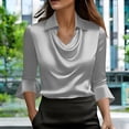 thumbnail image 2 of Womens Long Sleeve Yops 3/4 Sleeve Cowl Neck Satin Elegant Work Blouse Tops Summer Tops, 2 of 6