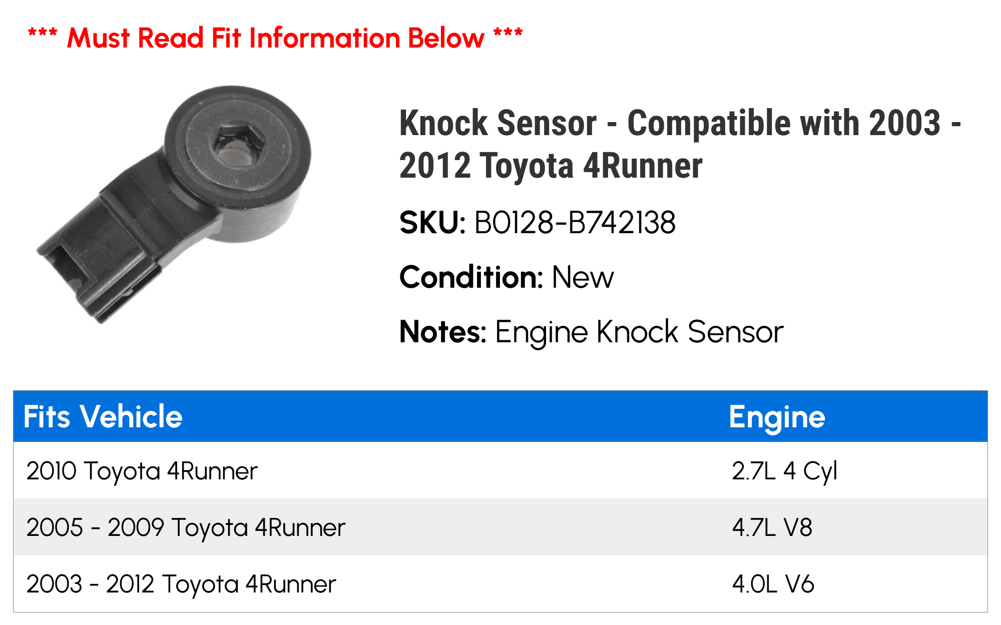 Knock Sensor - Compatible with 2003 - 2012 Toyota 4Runner 2004 2005 2006 2007 2008 2009 2010 2011
