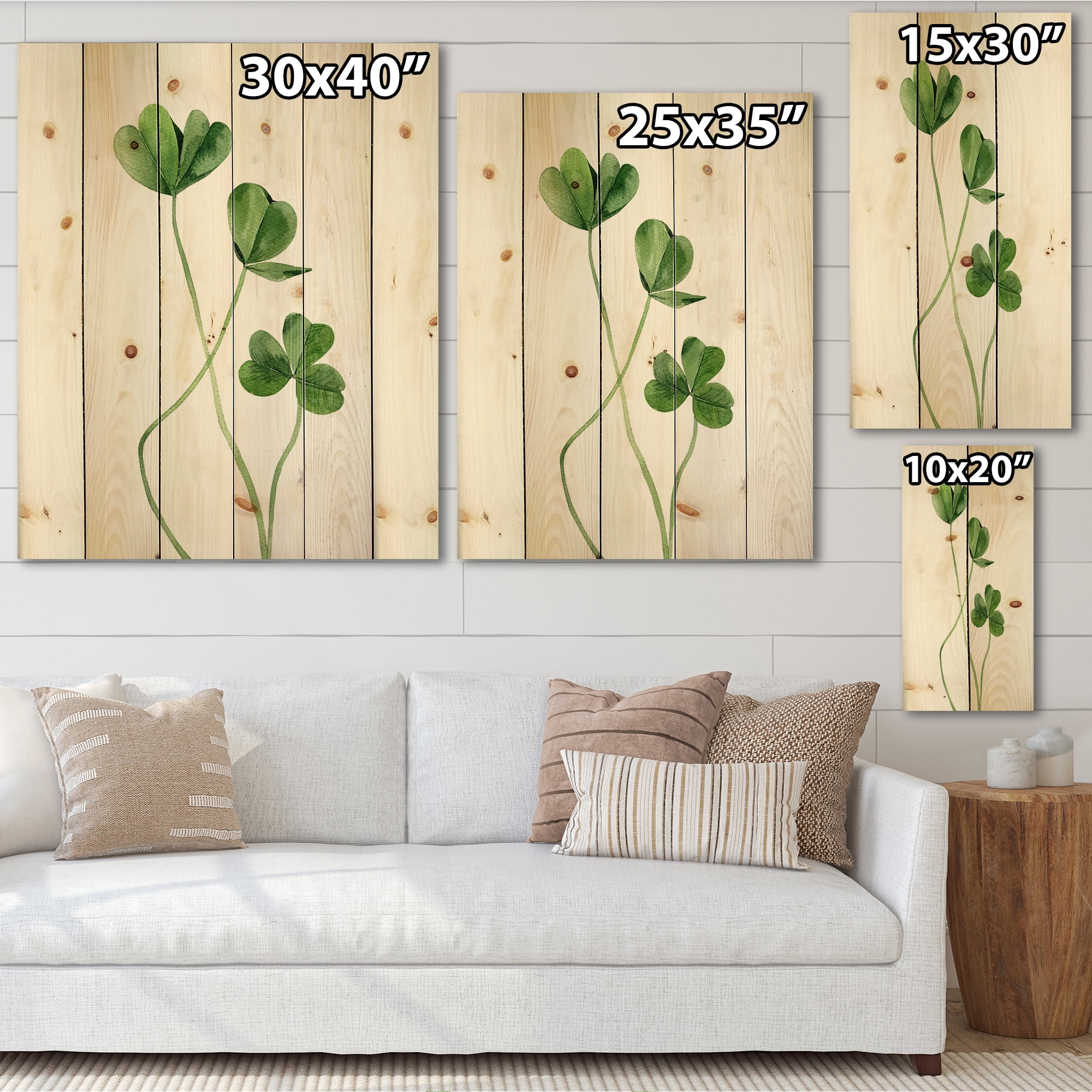 Designart 'Field Green Plant Detail Clover' Farmhouse Print on Natural Pine Wood