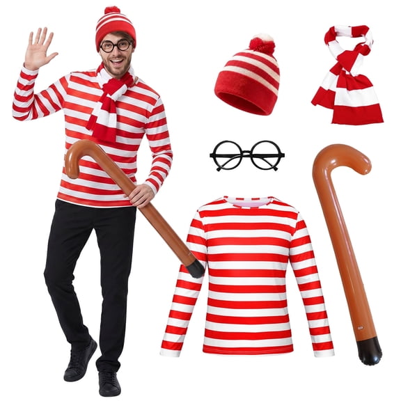 Alaiyaky Red and White Striped Costume Suit, Halloween Costumes Striped Shirt with Hat Glasses, Men Women Halloween Costumes World Book Day Outfit