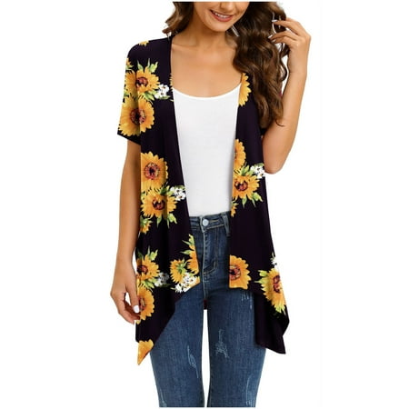Savings Clearance Summer Light Weight Cardigan Women, Women's Basic Solid Short Sleeve Open Drape Front Cardigan Summer High Low Hem Tops Yellow L # Sales and Deals Today Prime
