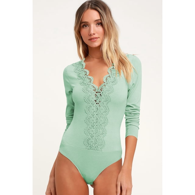Tanga de una pieza de manga larga con encaje y escote en V sexy a rayas para mujer de otoño