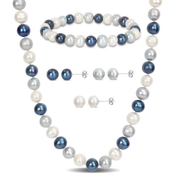 AMOUR 7.5-8mm Multi-color Freshwater Cultured Pearl 5-piece Set Of Necklace Earrings & Bracelet In Sterling Silver