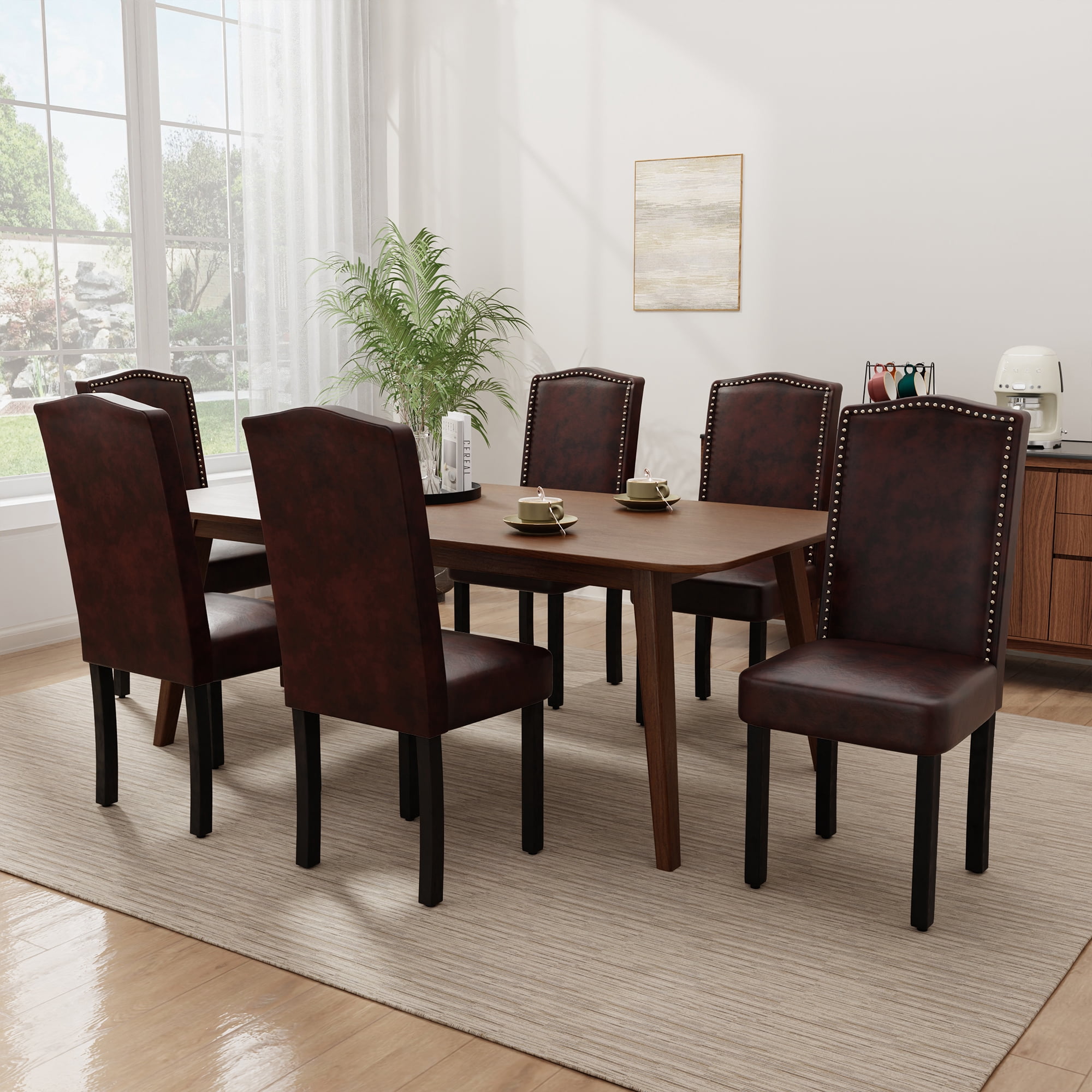 DONICK Mid Century Upholstered Dining Chairs,High-End Dorsal Side Chairs Nailhead Trim Wood Legs for Kitchen(PU,Brown,Set of 2)