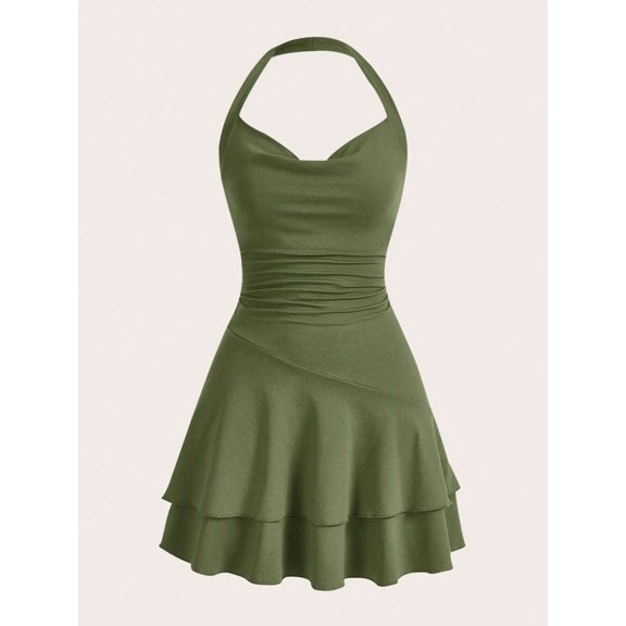 Army Green Womens Slim Fit Ruched Halter Mini Dress With Tiered Skirt