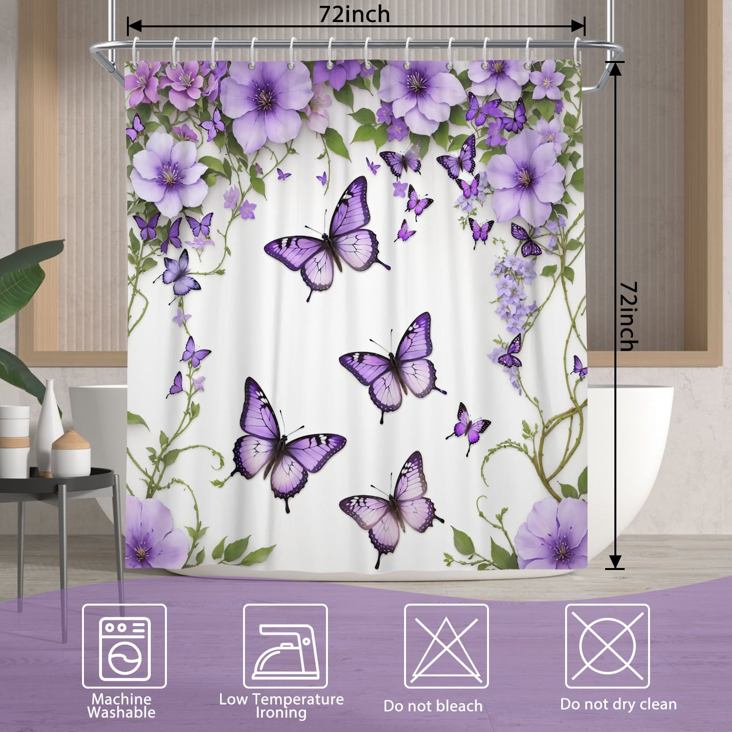 SUNOLIFE Purple Shower Curtain Butterfly Waterproof Fabric Bathroom Shower Curtains, 72x72 in