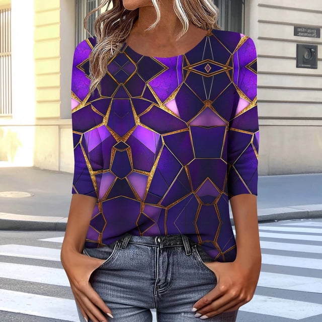 TaTaai Womens Boho Chic Random Print Round Neck 3/4 Sleeve Tops Casual Loose Pullover T Shirts Soft Comfortable All Season Daily Party Wear Gift