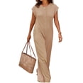 thumbnail image 4 of Women's Short Sleeve Wide Leg Striped Bodysuit Casual Round Neck Bodysuit Button Summer Suit, 4 of 8