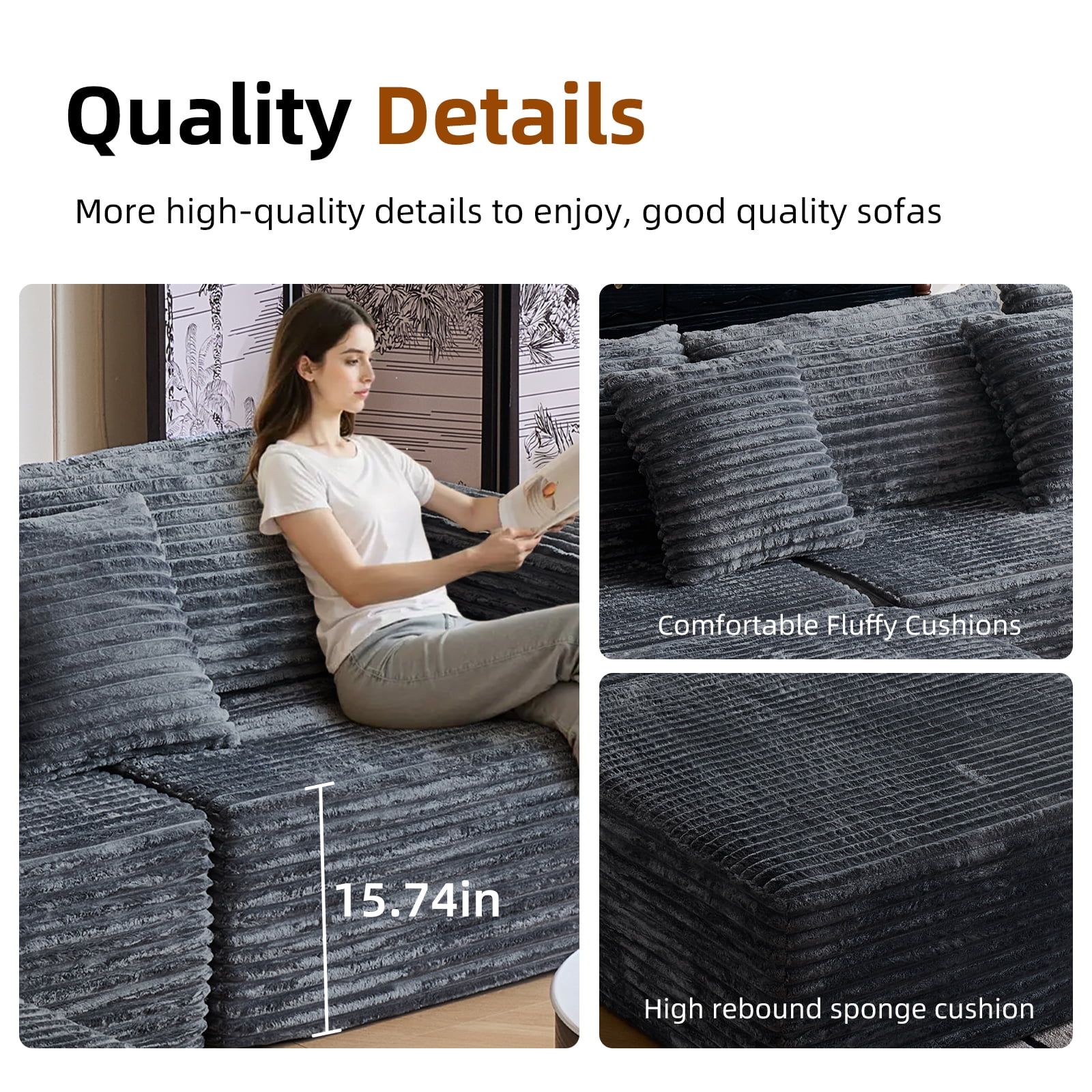 Garaneeds Modular Sectional Sofa for Living Room, 110" Boneless U-Shaped Couch, 5-Seat, Gray