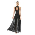 thumbnail image 4 of TiaoBug Womens Lyrical Dance Dress Sleeveless Keyhole Back Shiny Rhinestones Side Split Mesh Maxi Dress Black S, 4 of 7