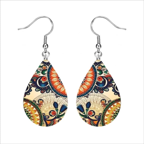 Bohemian Paisley Floral Teardrop Dangle Earrings for Women Vintage Mandala Pattern Lightweight Drop Earrings Colorful Ethnic Statement Jewelry